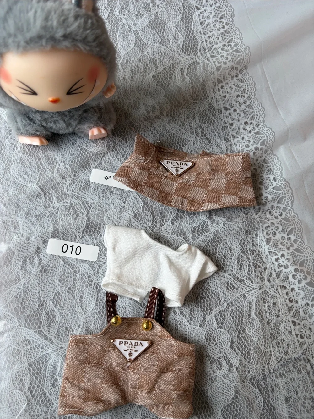 010, 3 Piece Prada Logo Beige Overalls/White shirt and hat 4 Labubu doll(No Doll